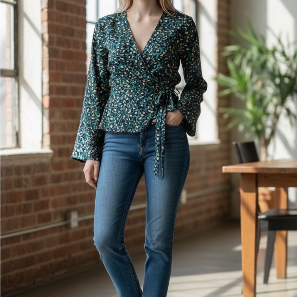 BCBGeneration Teal and Black Leopard Print Top Blouse XS